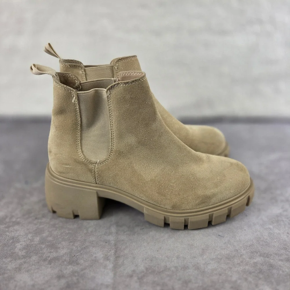 Steve Madden Tan Suede Chelsea Lug Sole Ankle Boots Womens 7 Platform Block Heel